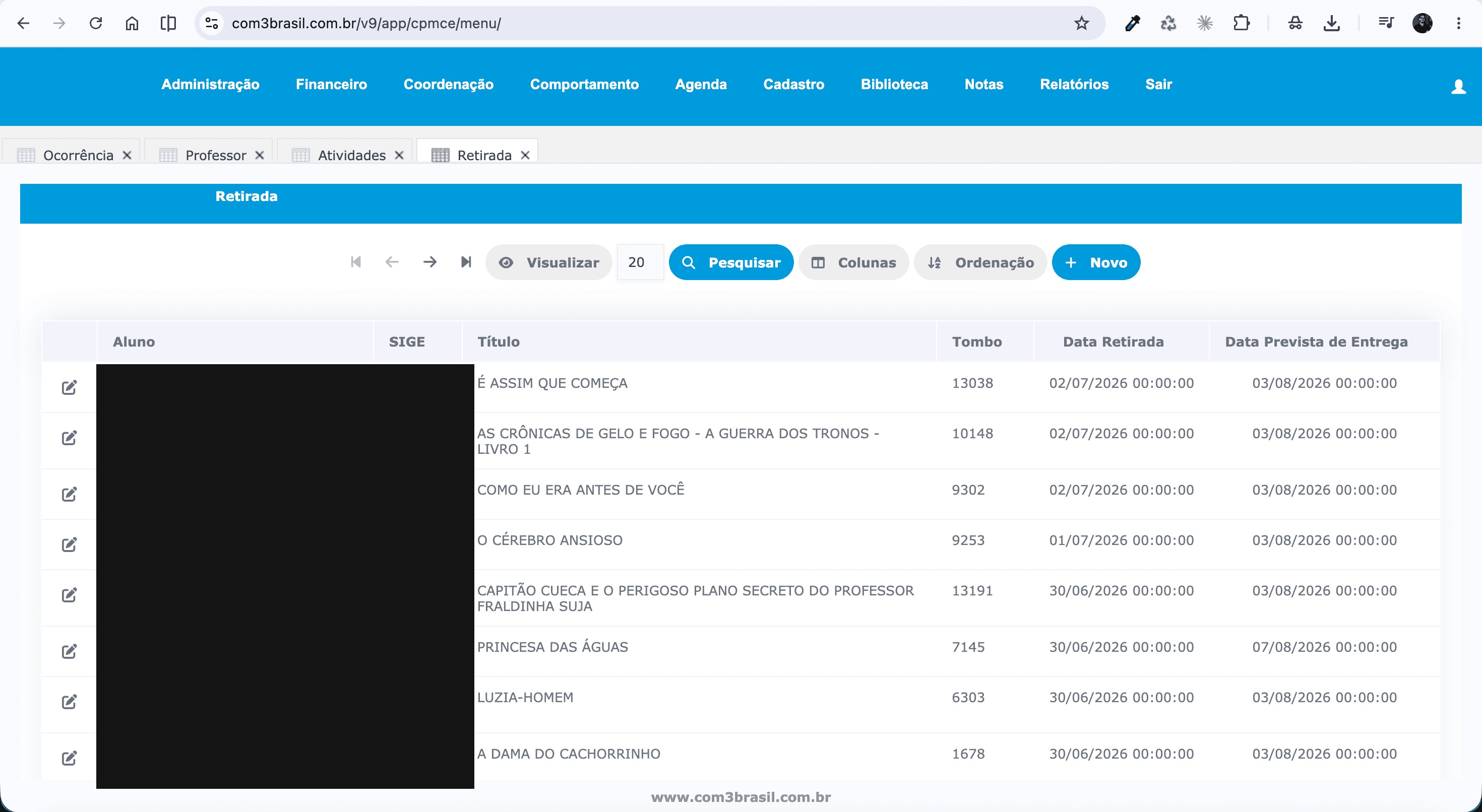Tela de Retirada da Biblioteca (nomes de alunos removidos)