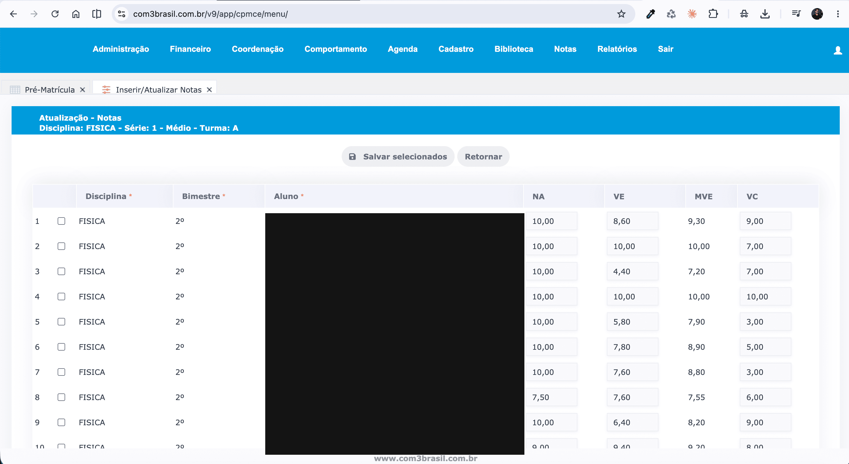 Tela de Inserir/Atualizar Notas mostrando colunas NA, VE, MVE e VC (nomes de alunos removidos)