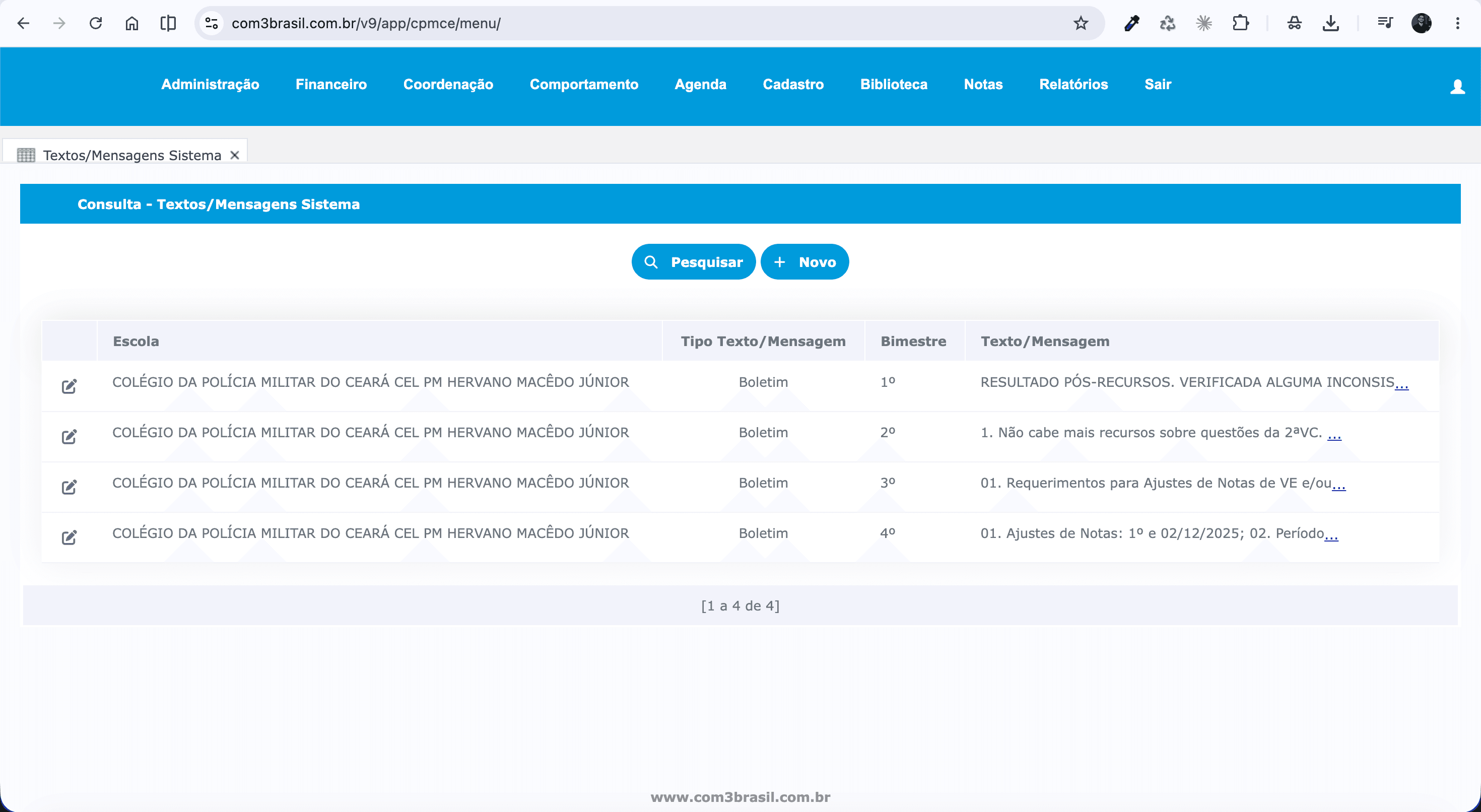 Tela de Textos/Mensagens do Sistema, configurada por bimestre